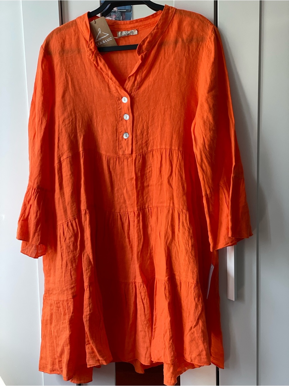 Len & Luc linen Made in Italy Orange baby doll summer long sleeve dress size O/S